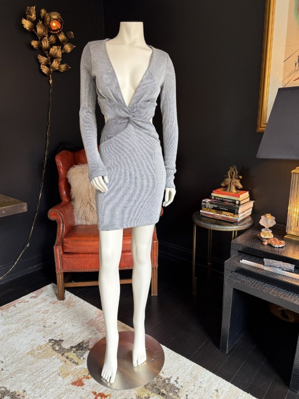 Blanc Grey Twist-Front Open-Back Ribbed Knit Dress S/M